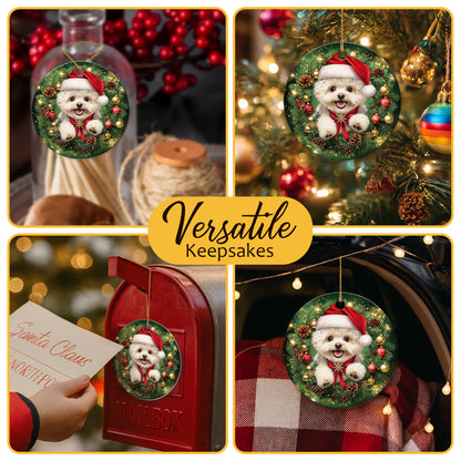 Netecom Cute Bichon Frise Christmas Ornament, Dog Santa Hat Ceramic Ornament for Xmas Tree Hanging Decorations Gift, Puppy Lover Gifts, Home Decor, Holiday Party Present