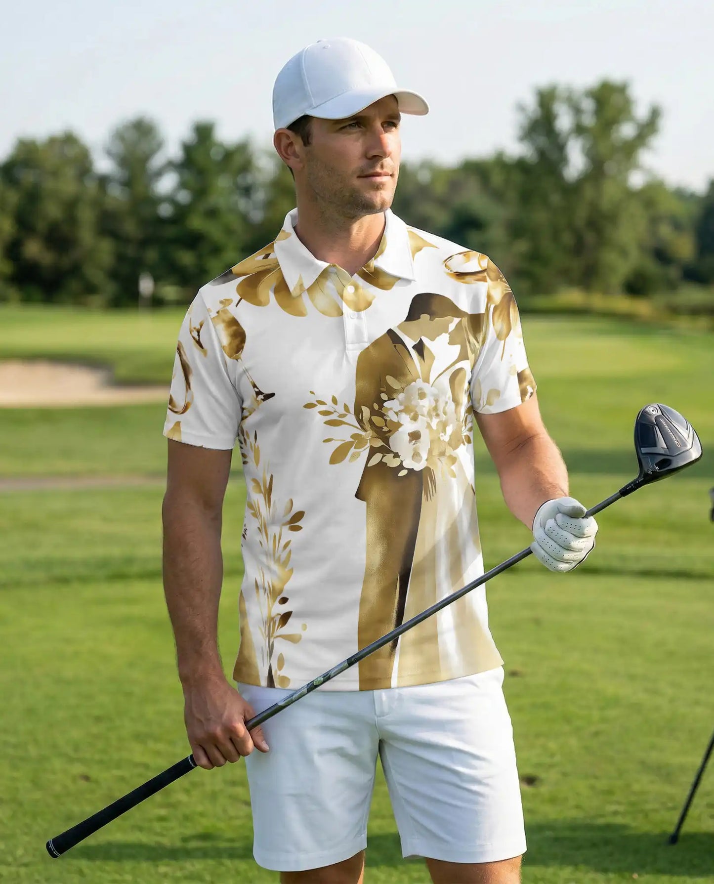 Golden Wedding Couple Polo Shirt For Men-  Bride Groom Print | Netecom