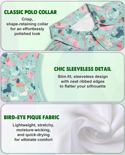 Dachshund Print Sleeveless Polo Shirt for Women – Cute Dog Lover Style | Netecom