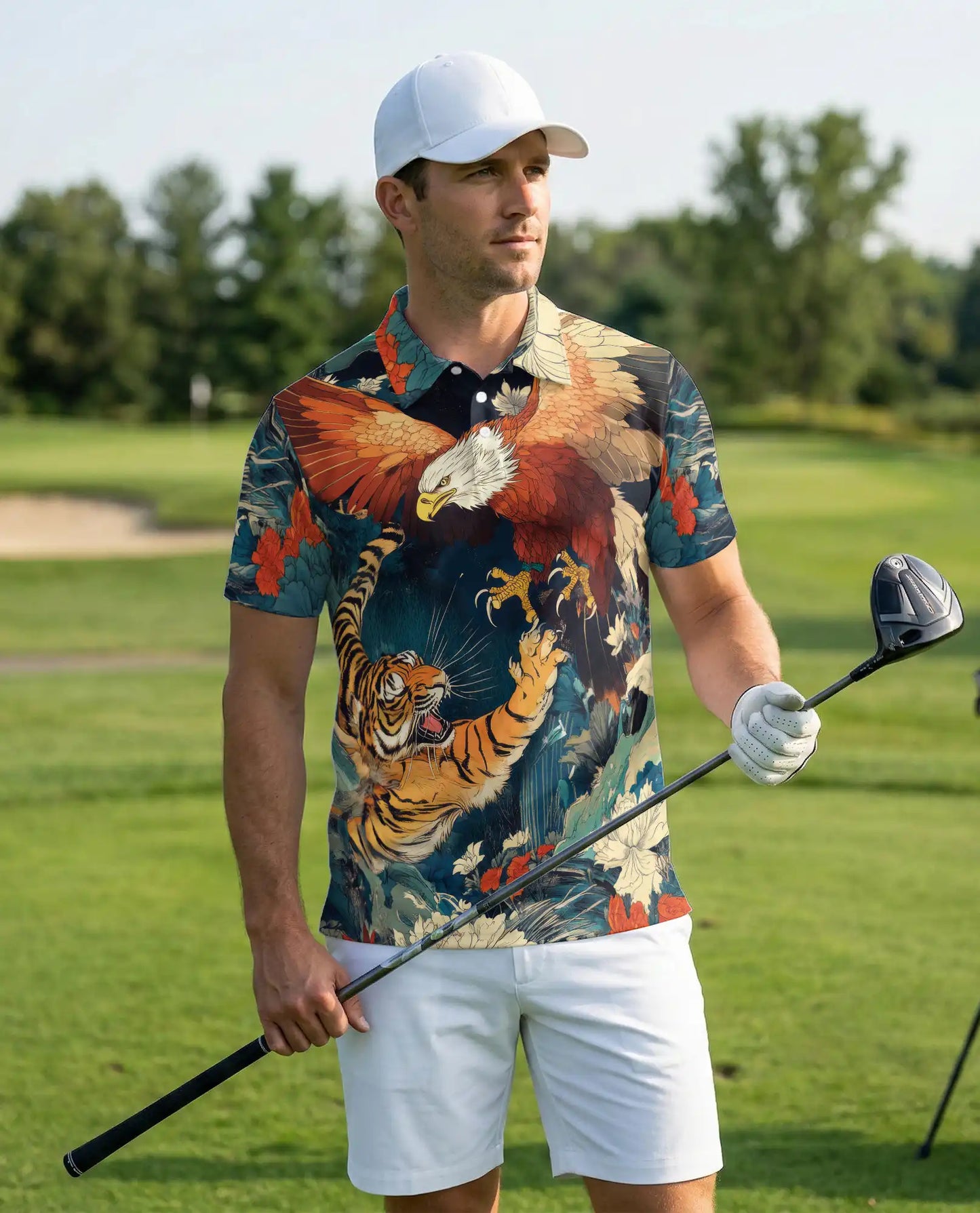 Eagle Tiger 3D Polo Shirt for Men – Fierce Wildlife Predator Style | Netecom
