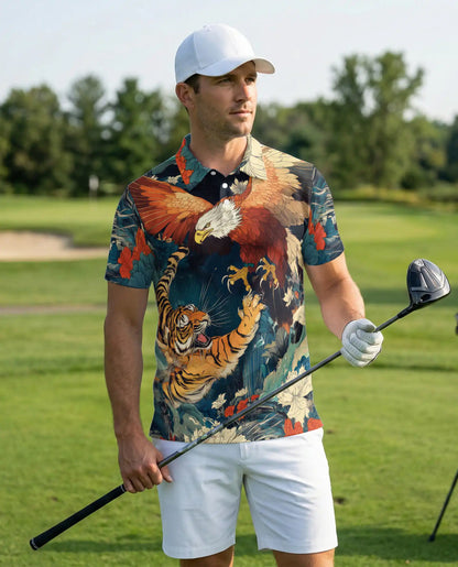 Eagle Tiger 3D Polo Shirt for Men – Fierce Wildlife Predator Style | Netecom