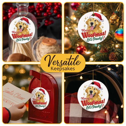 Netecom Funny Golden Retriever Christmas Ornament, Merry Woofmas Ceramic Ornament for Christmas Tree Hanging Decorations Gift, Dog Lover Gifts, Holiday Party Present