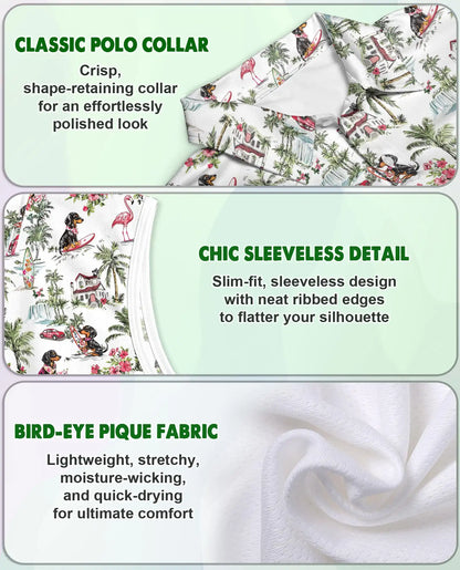 Dachshund Flamingo Tropical Sleeveless Polo Shirt for Women | Netecom