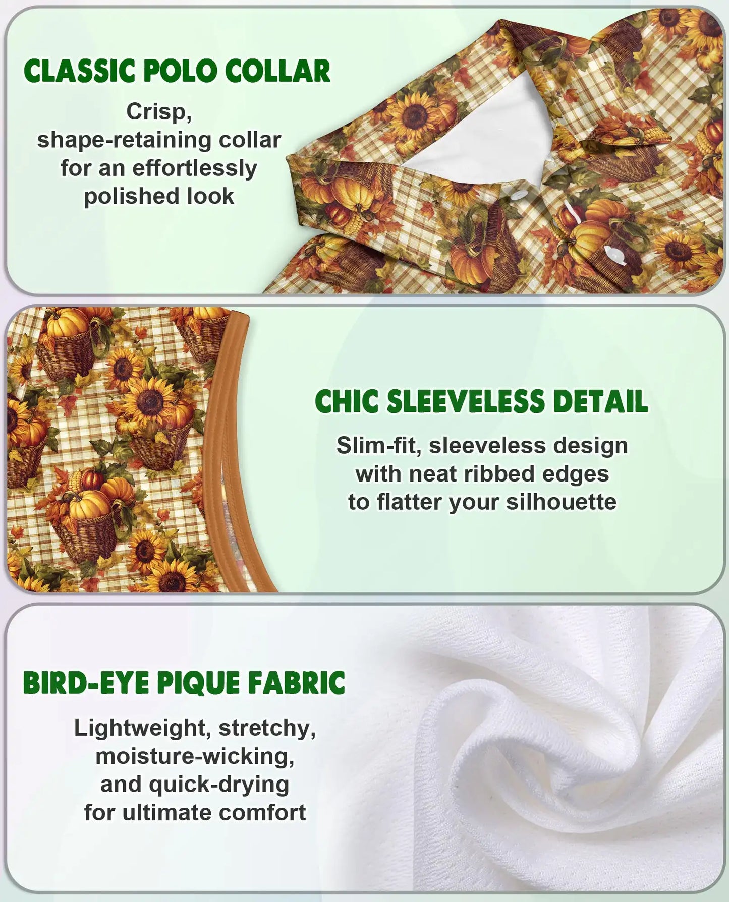 Pumpkin And Sunflower Basket Pattern Sleeveless Polo Shirt for Women  | Netecom