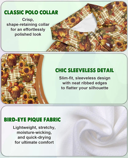 Pumpkin And Sunflower Basket Pattern Sleeveless Polo Shirt for Women  | Netecom