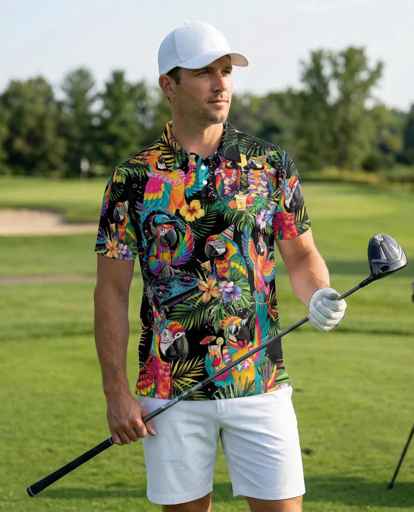 Tropical Party Parrot Polo Shirt Colorful Macaw DJ Hawaiian Design | Netecom