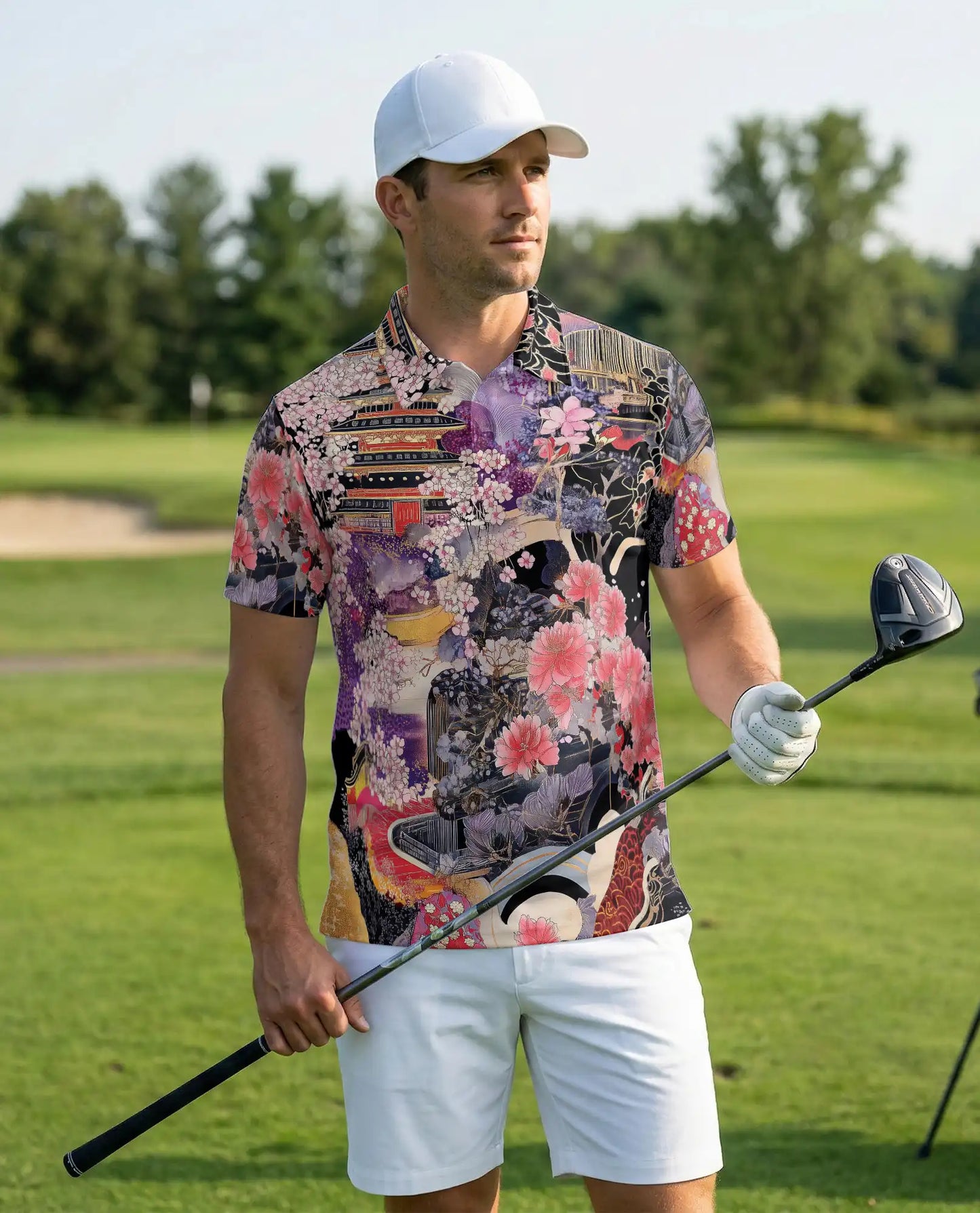 Japanese Sakura Pagoda 3D Polo Shirt for Men | Netecom