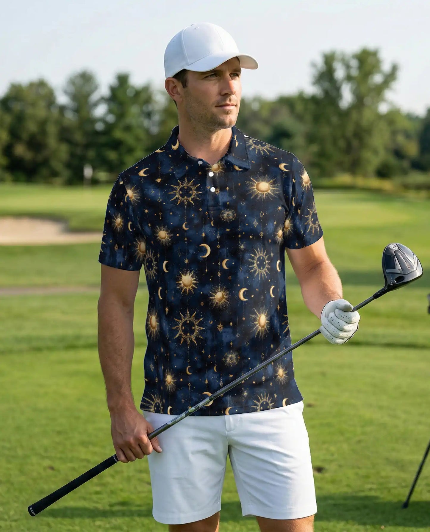 Celestial Sun Moon Polo Shirt for Men- Starry Night Pattern | Netecom