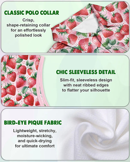 Allover Strawberry Print Sleeveless Polo Shirt for Women | Netecom