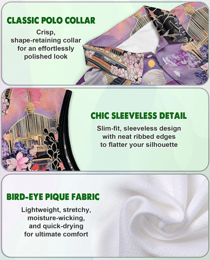 Japanese Ukiyo-e Sakura Cherry Blossom Sleeveless Polo Shirt for Women | Netecom
