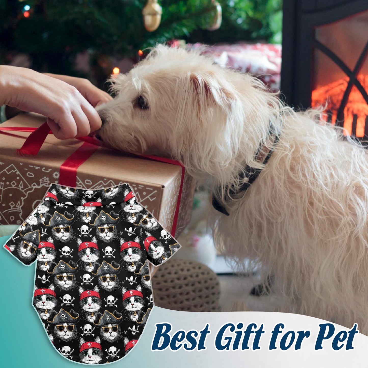 Netecom Matching Pirate Cat Hawaiian Shirt for Dog and Owner, Aloha Summer Shirt, Pirate Cat Print Outfit for Pet and Human, Beach Vacation Casual Wear