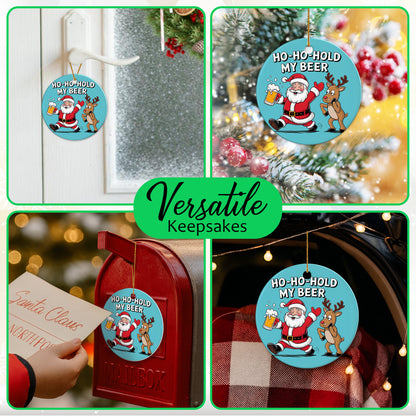 Netecom Funny Santa Claus Reindeer Christmas Ornament, Ho Ho Hold My Beer Ceramic Ornament for Xmas Tree Hanging Decorations Gift, Home Decor, Gifts for Friends & Family, Holiday Party Present