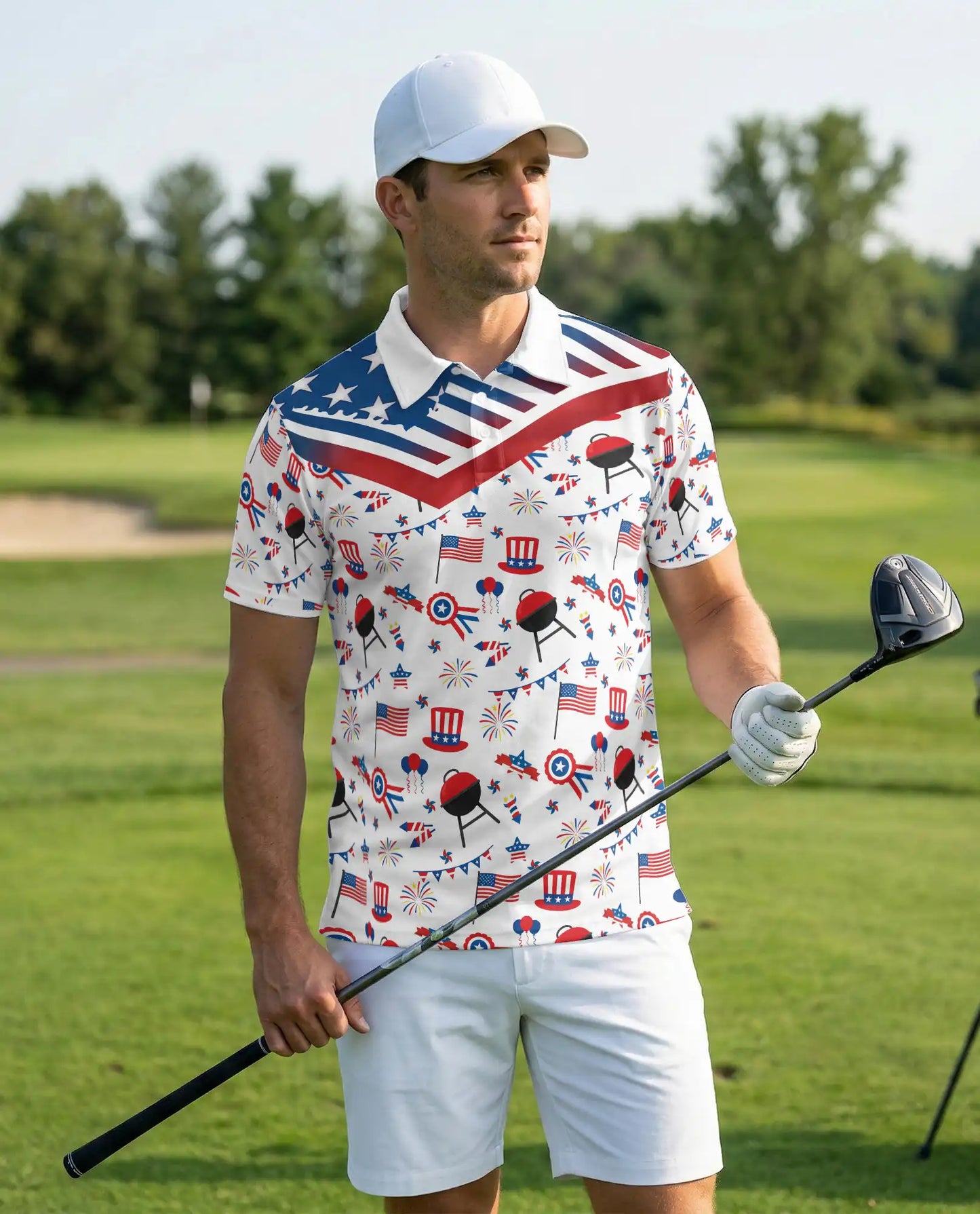 4th of July BBQ Hawaiian Polo Shirt for Men Patriotic American Flag Cookout Party Shirt | Netecom