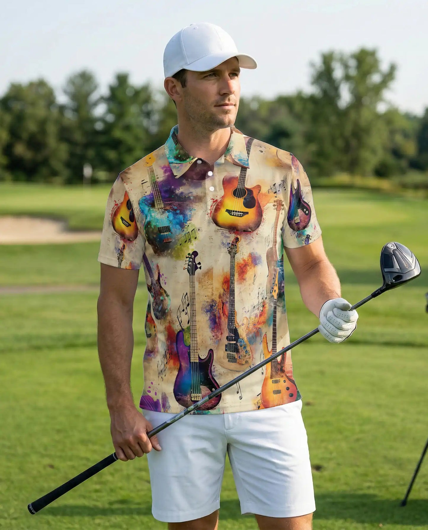 Watercolor Guitar Polo Shirt – Artistic Music Print | Netecom