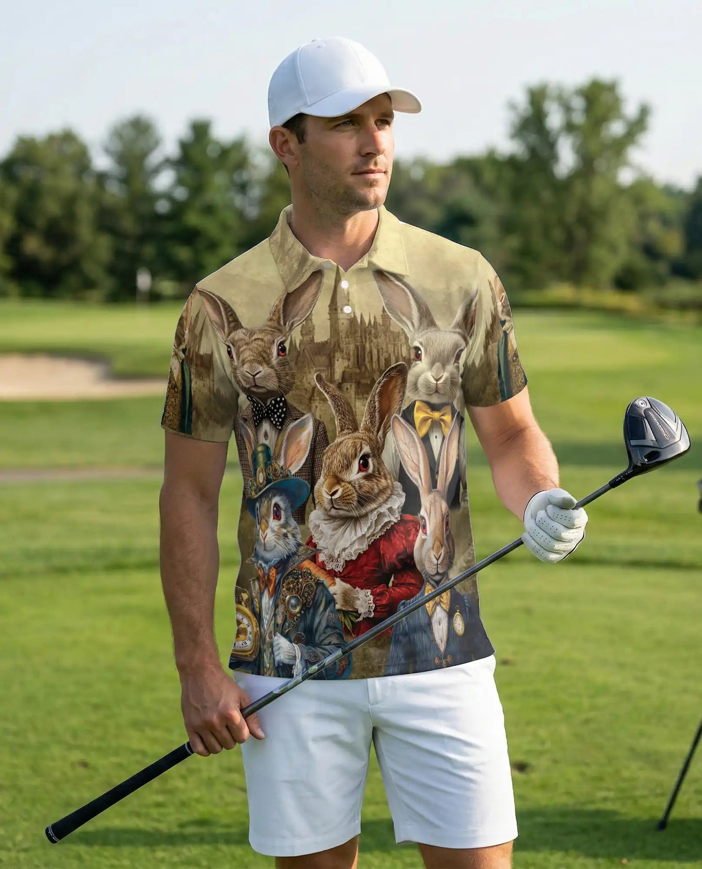 Vintage Rabbit 3D Polo Shirt for Men – Victorian Bunny Art Style | Netecom