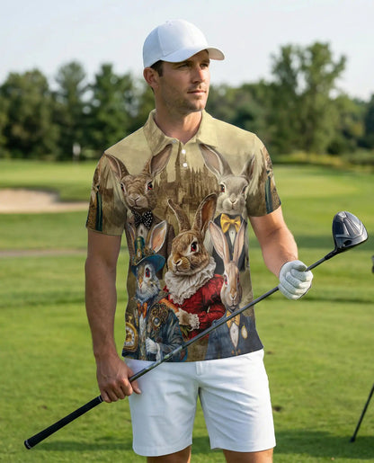 Vintage Rabbit 3D Polo Shirt for Men – Victorian Bunny Art Style | Netecom