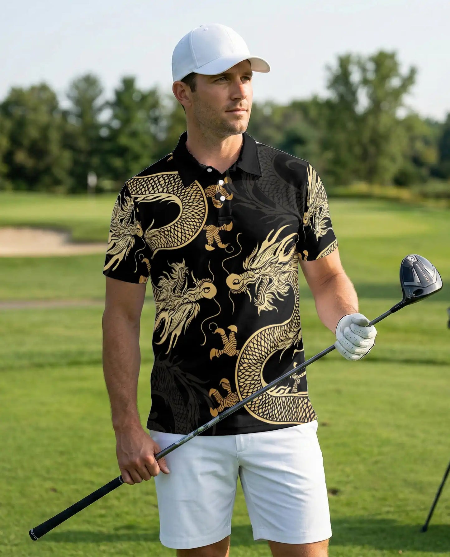 Gold Dragon 3D Polo Shirt for Men – Black Asian Fantasy Art Style | Netecom