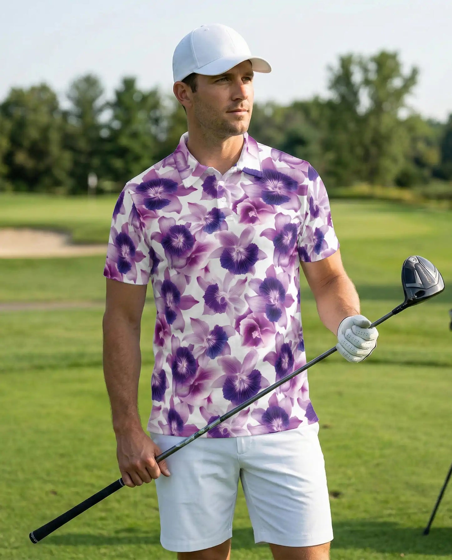 Purple Orchid Floral Polo Shirt for Men-Tropical Flower Botanical Summer | Netecom