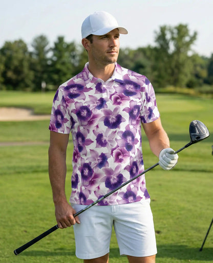 Purple Orchid Floral Polo Shirt for Men-Tropical Flower Botanical Summer | Netecom