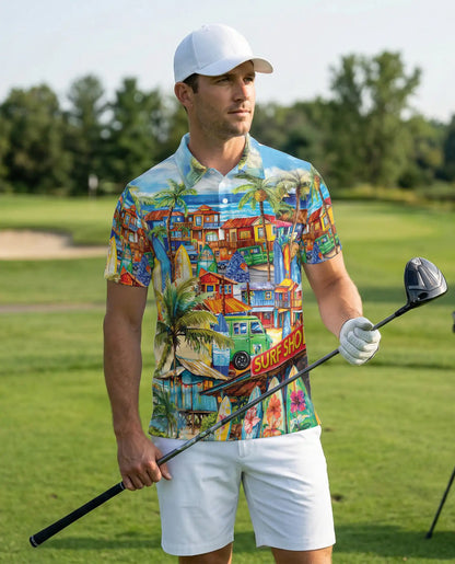 Tropical Surf Town 3D Polo Shirt for Men – Colorful Beach Vacation Style | Netecom
