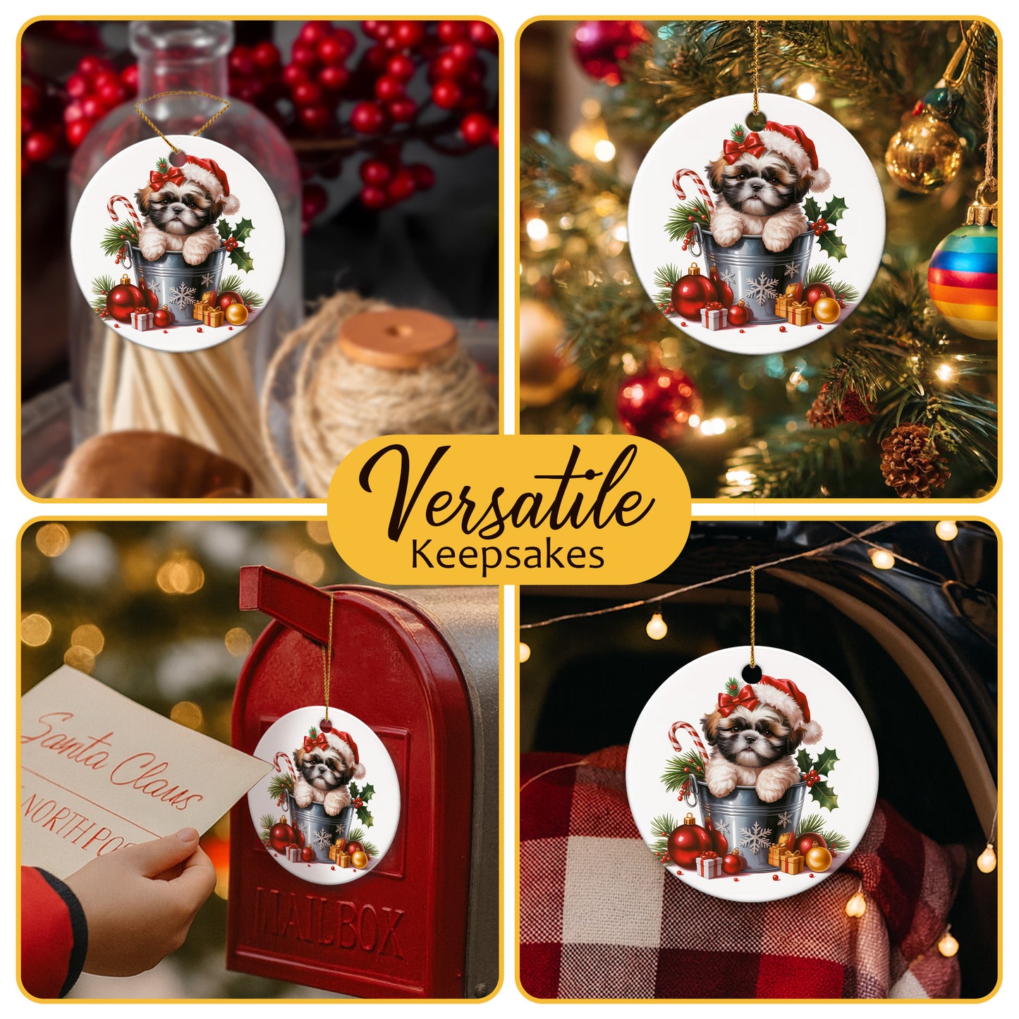 Netecom Cute Shih Tzu in Bucket Ornament, Dog with Santa Hat Ceramic Ornament for Christmas Tree Hanging Decorations Gift, Puppy Lover Gifts, Home Decor, Holiday Party Present