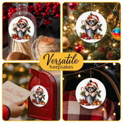 Netecom Cute Shih Tzu in Bucket Ornament, Dog with Santa Hat Ceramic Ornament for Christmas Tree Hanging Decorations Gift, Puppy Lover Gifts, Home Decor, Holiday Party Present