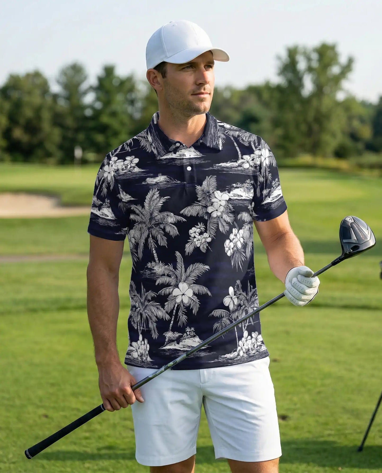 Tropical Island Polo Shirt – Monochrome Palm Print | Netecom