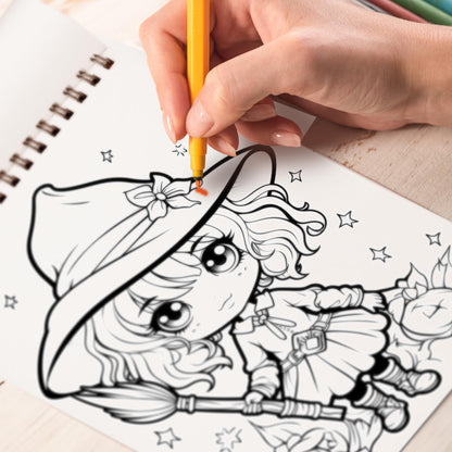 Cute Chibi Halloween Witchy Spiral Bound Coloring Book, Join the Adorable Halloween Celebration with 30 Enchanting Pages, Where Cute Chibi Witches Cast Spells of Delight.