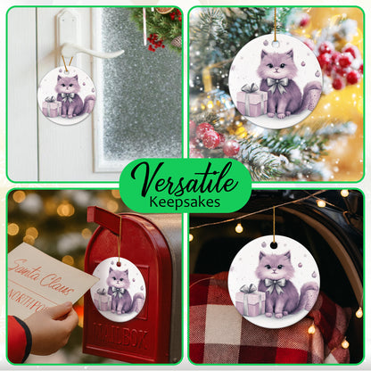 Netecom Cute Purple Cat Christmas Ornaments, Ceramic Kitten Keepsake Ornament for Christmas Tree Decorations, Cat Lover Gifts, Gifts for Holiday, Party, Home Decor