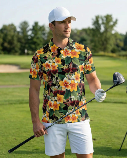 Tropical Wine Floral 3D Polo Shirt for Men – Elegant Hawaiian Party Style | Netecom