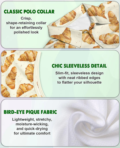Croissant Pattern Sleeveless Polo Shirt for Women – Cute Bakery Food Style | Netecom