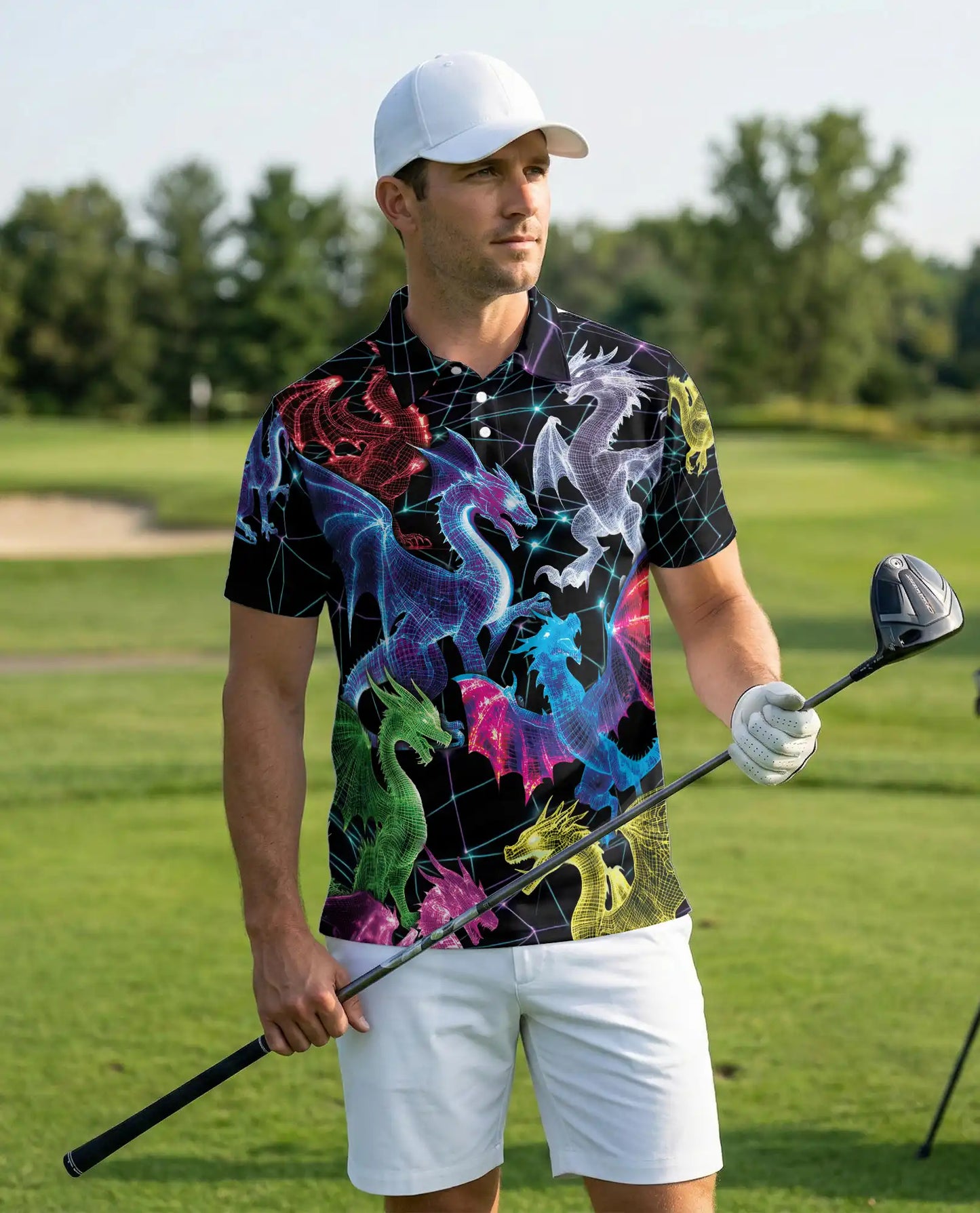 Neon Cyber Dragon 3D Polo Shirt for Men – Futuristic Fantasy Creature Style | Netecom