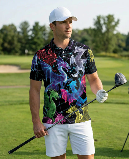 Neon Cyber Dragon 3D Polo Shirt for Men – Futuristic Fantasy Creature Style | Netecom