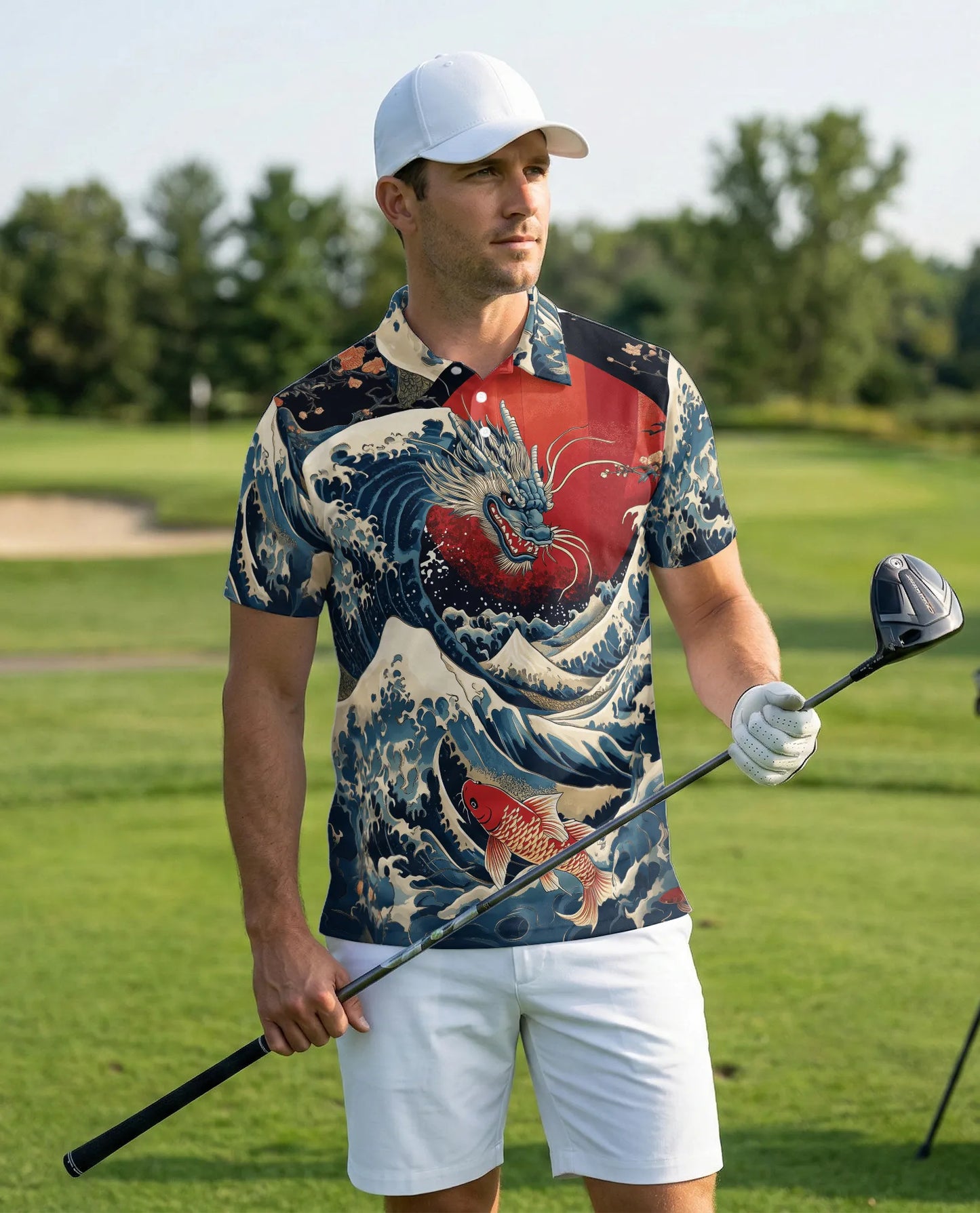 Dragon Wave 3D Polo Shirt for Men – Japanese Koi Ocean Style | Netecom