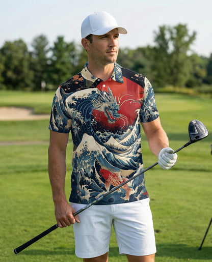 Dragon Wave 3D Polo Shirt for Men – Japanese Koi Ocean Style | Netecom