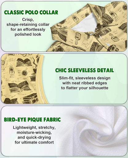 Book Pattern Sleeveless Polo Shirt for Women | Netecom