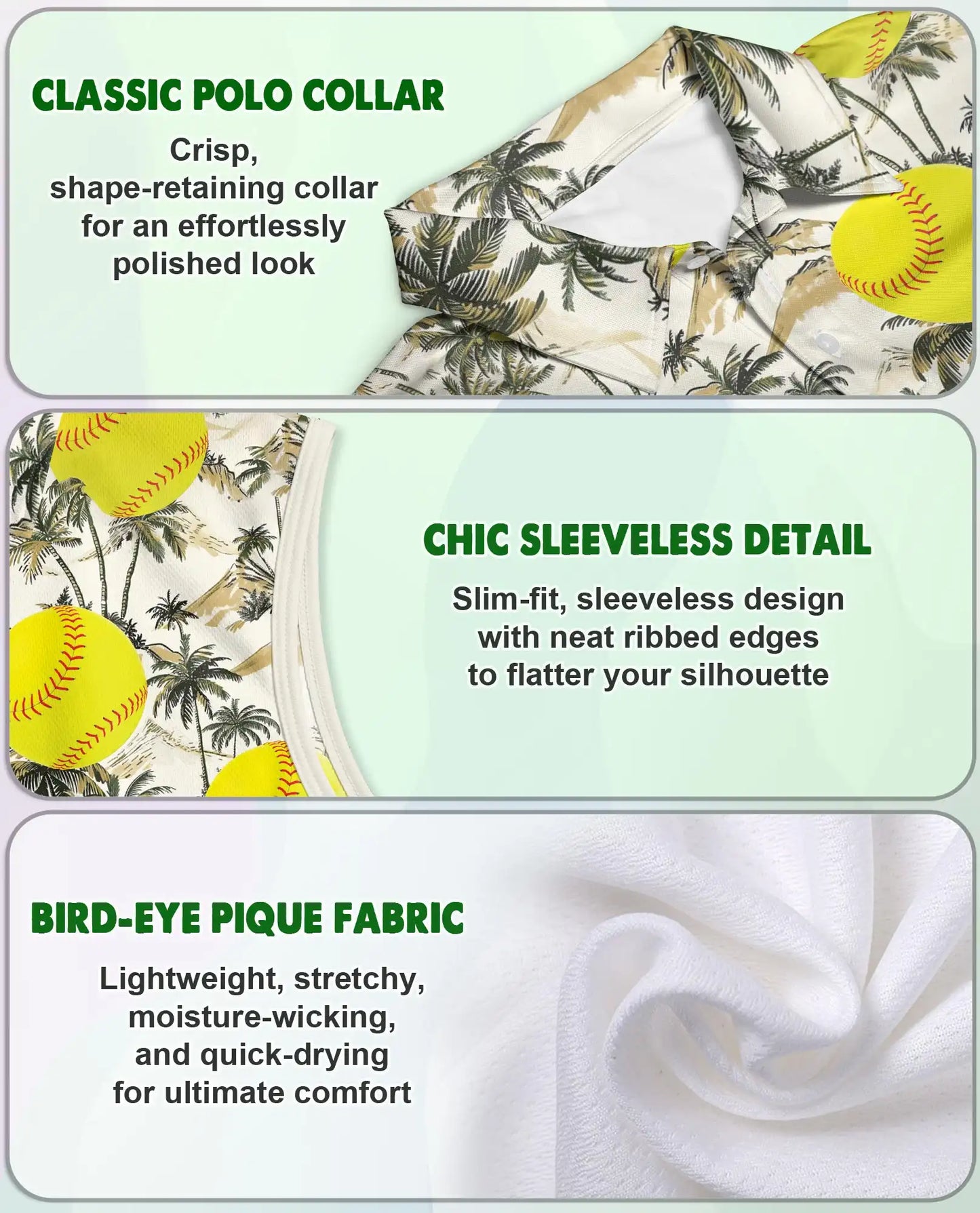 Tropical Palm Tree And Softball Sleeveless Polo Shirt for Women | Netecom