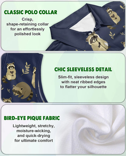 Raccoon Pattern Sleeveless Polo Shirt for Women – Cute Wildlife Style | Netecom