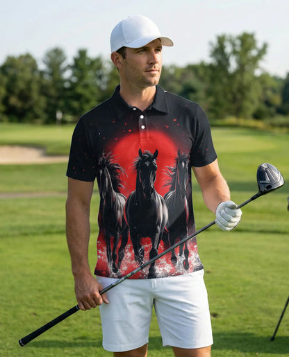 Black Running Horses Polo Shirt - Wild Stallion Midnight Style | Netecom