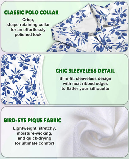 Blue Olive Branch Print Sleeveless Polo Shirt for Women | Netecom
