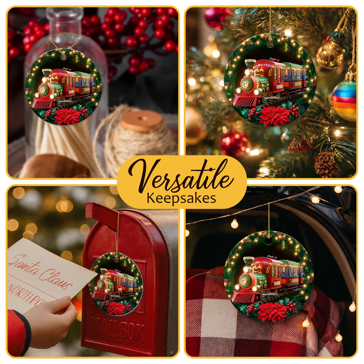 Netecom Funny Locomotive Christmas Ornament, Train Wreath Ceramic Ornament for Xmas Tree Hanging Decorations Gift, Train Lover Gifts, Home Decor, Holiday Party Present