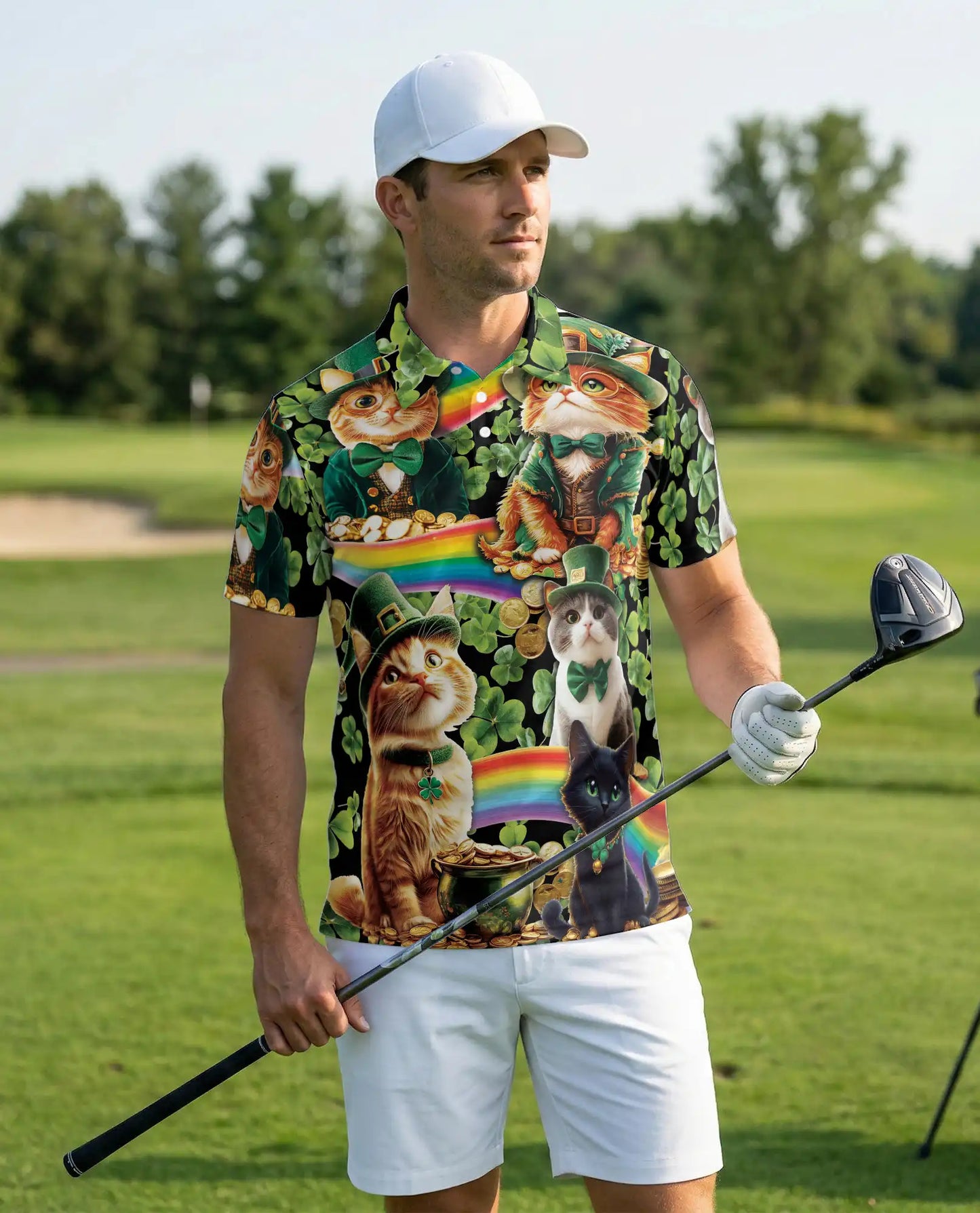 Lucky Cat St Patrick’s Day 3D Polo Shirt for Men – Irish Rainbow Style | Netecom