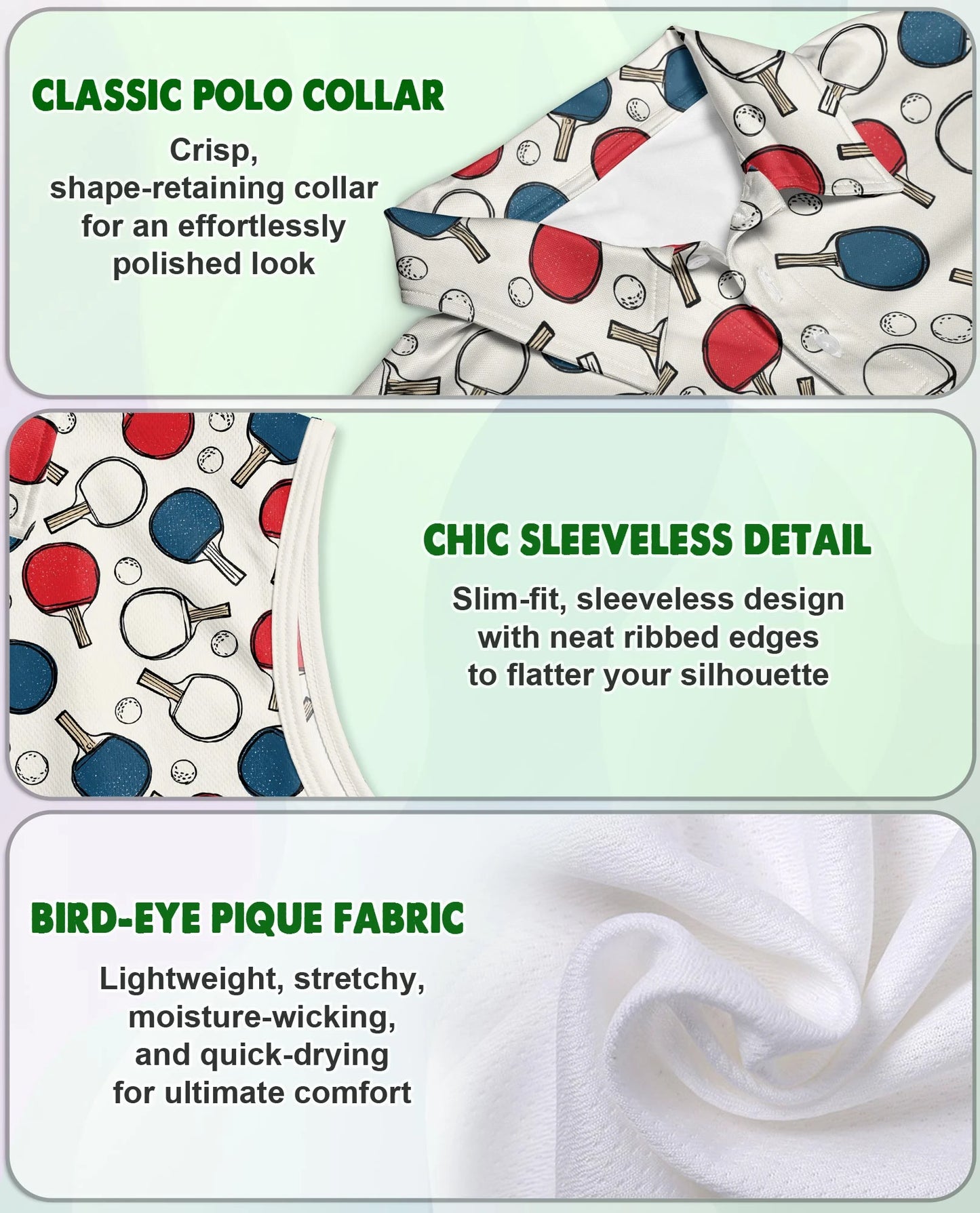 Ping Pong Pattern Sleeveless Polo Shirt for Women | Netecom