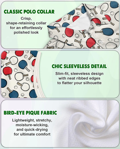 Ping Pong Pattern Sleeveless Polo Shirt for Women | Netecom