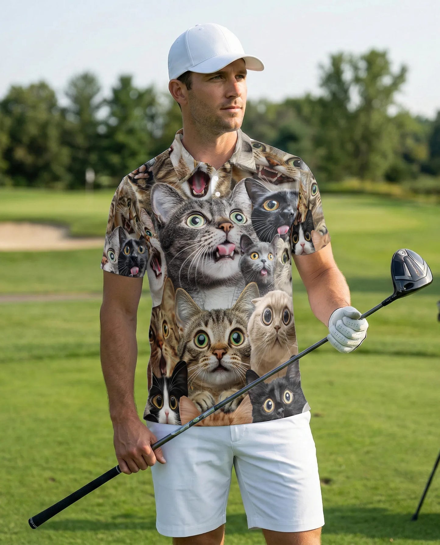 Funny Cat Faces 3D Polo Shirt for Men – Cute Kitty Meme Style | Netecom