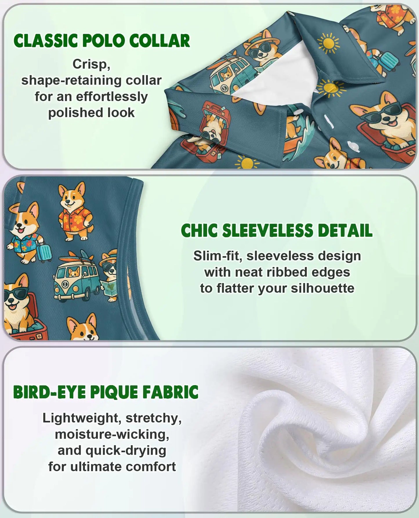 Cute Corgi Vacation Print Sleeveless Polo Shirt for Women | Netecom