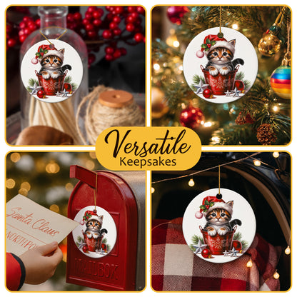 Netecom Cute Cat in Bucket Ornament, Cat with Santa Hat Ceramic Ornament for Christmas Tree Hanging Decorations Gift, Pet Lover Gifts, Home Decor, Holiday Party Present