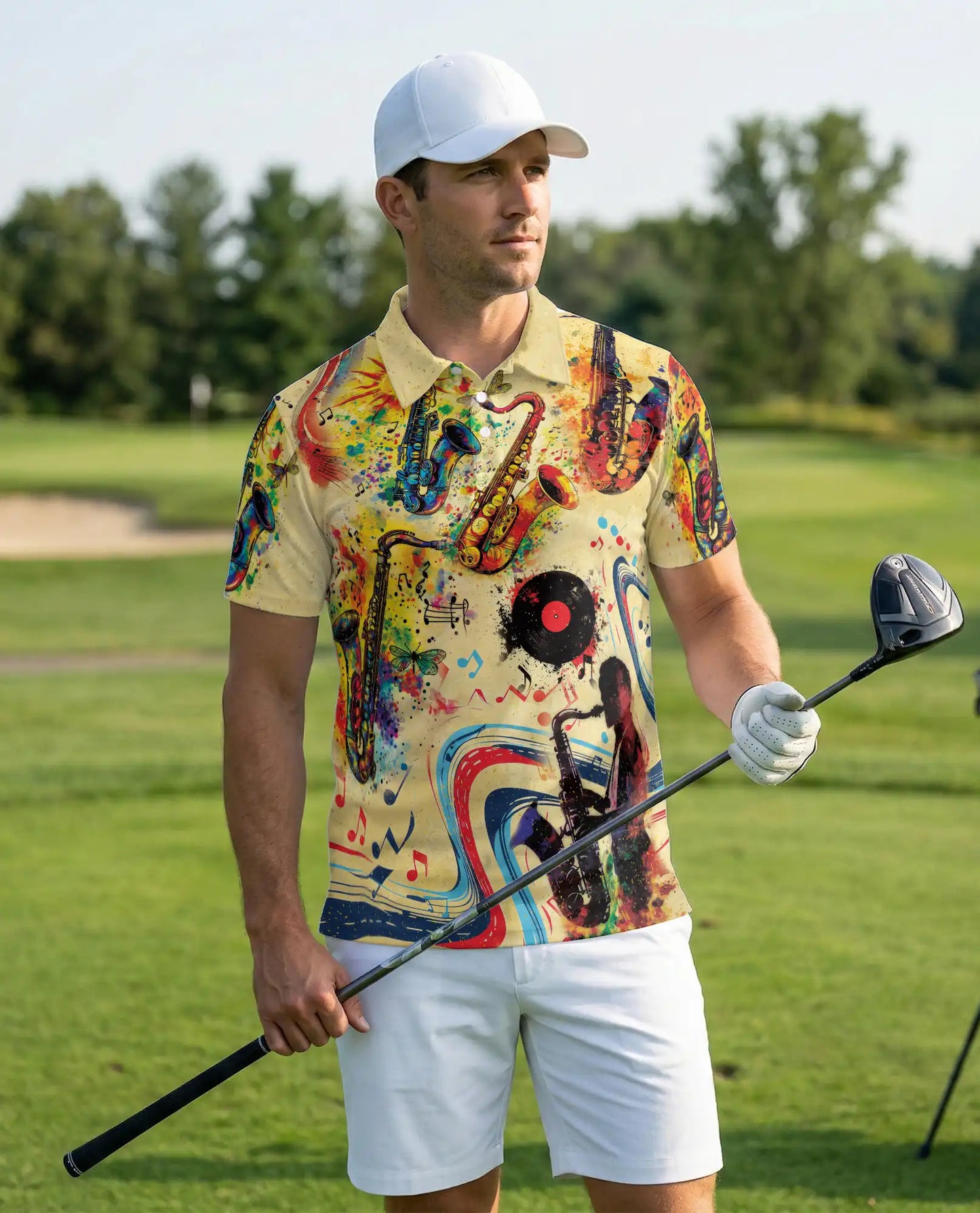 Saxophone Music 3D Polo Shirt for Men – Jazz Retro Art Style | Netecom