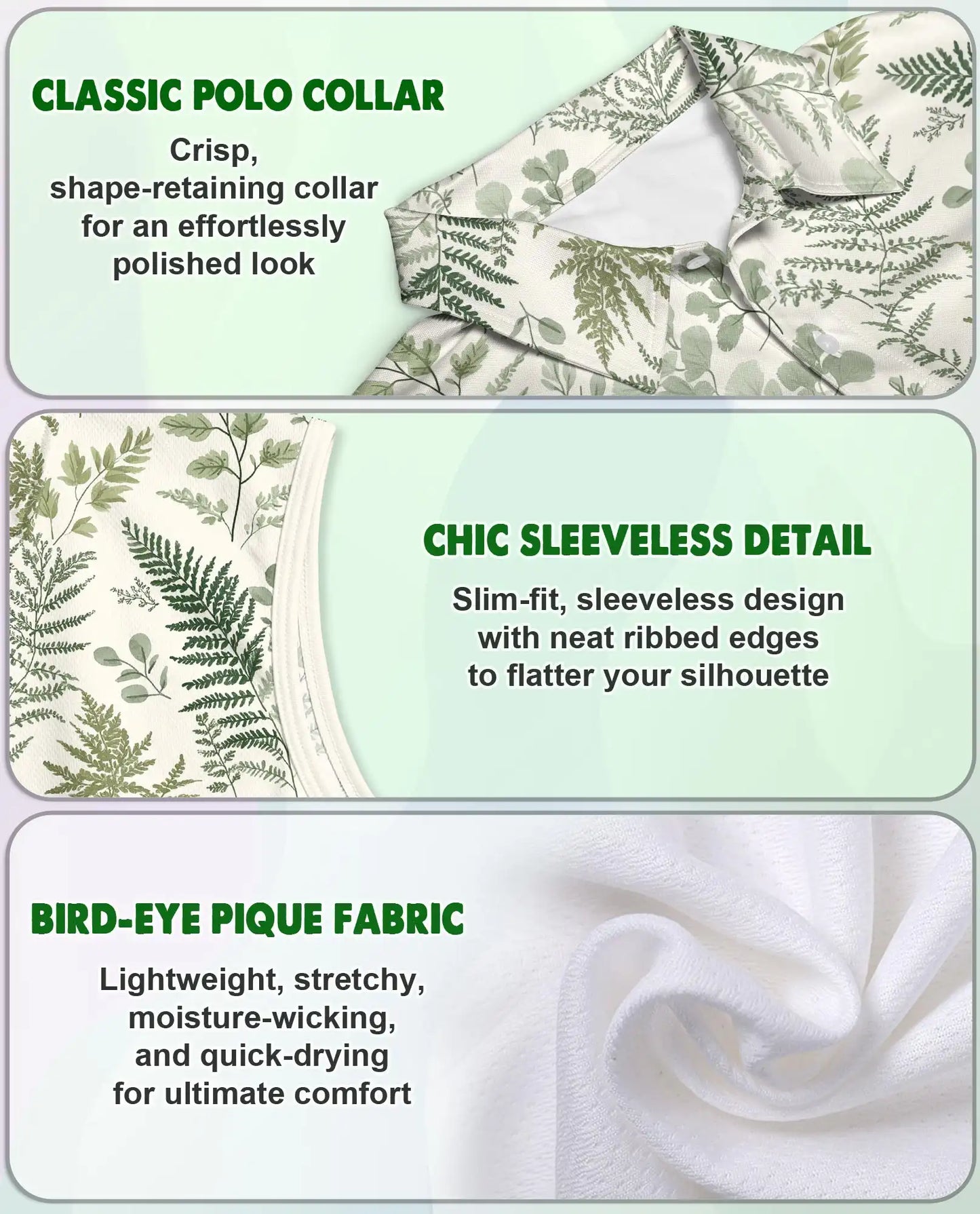 Fern Leaf Pattern Sleeveless Polo Shirt for Women – Botanical Nature Style | Netecom