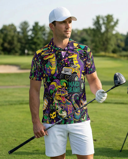 Mardi Grawr Dinosaur Polo Shirt for Men-Funny Mardi Gras T Rex Carnival Party Shirt | Netecom
